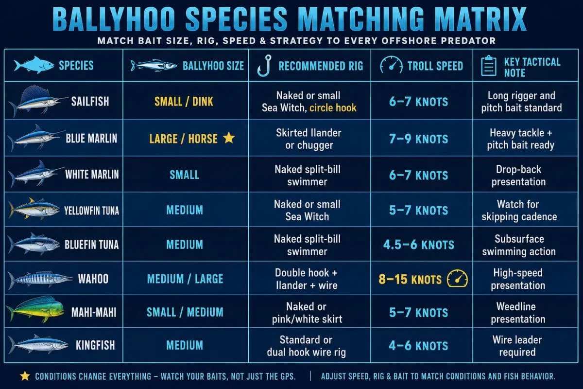 Offshore ballyhoo trolling matrix matching species, bait size, rig style, troll speed, and tactics by fish type