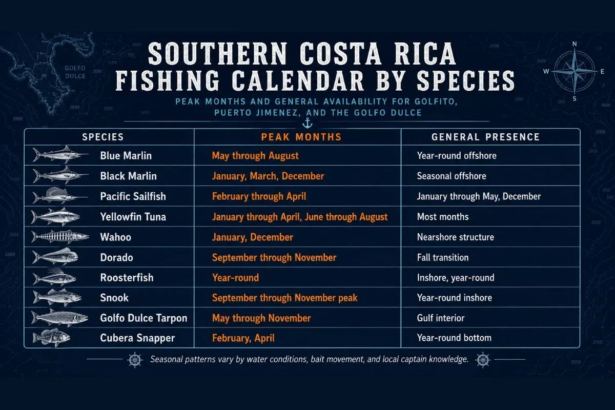 Fishing calendar showing peak months for marlin, sailfish, tuna, roosterfish, tarpon, dorado, snook, and snapper.
