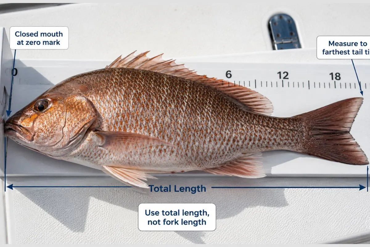 Mangrove snapper on a measuring board showing total length from closed mouth to farthest tail tip.