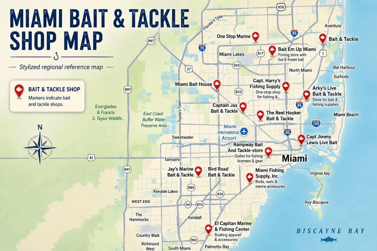Map overview of Miami showing the approximate distribution of all 13 shop locations across NW, NE, SW, and South Miami corridors