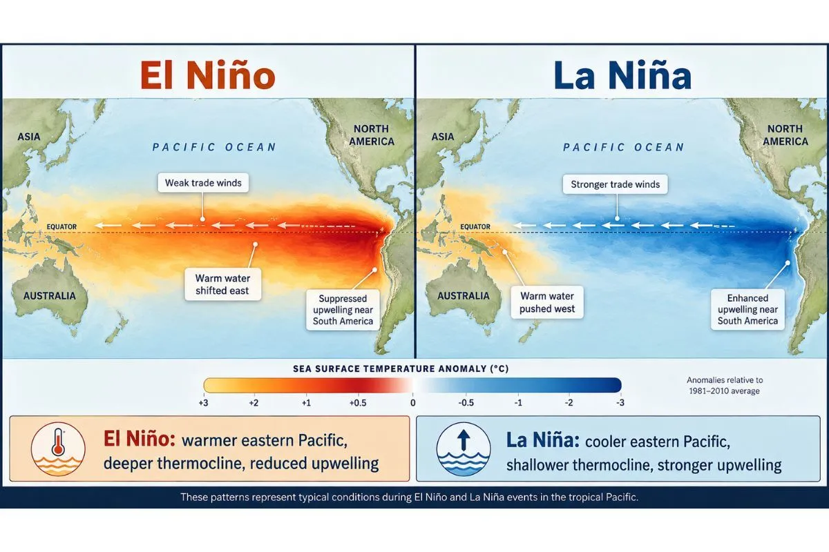 El Niño and La Niña sea surface temperature anomaly map comparing warm and cool Pacific Ocean patterns.