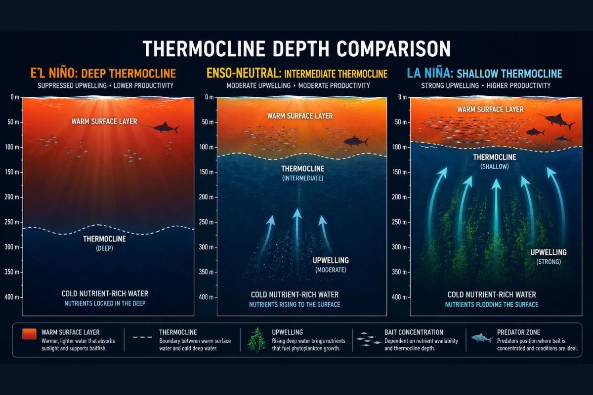 Ocean cross-section showing deep El Niño thermocline and shallow La Niña thermocline with bait and pelagic fish depth.