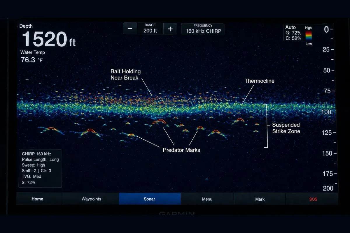Offshore fish finder display showing the thermocline as a shaded band with bait holding near the temperature break