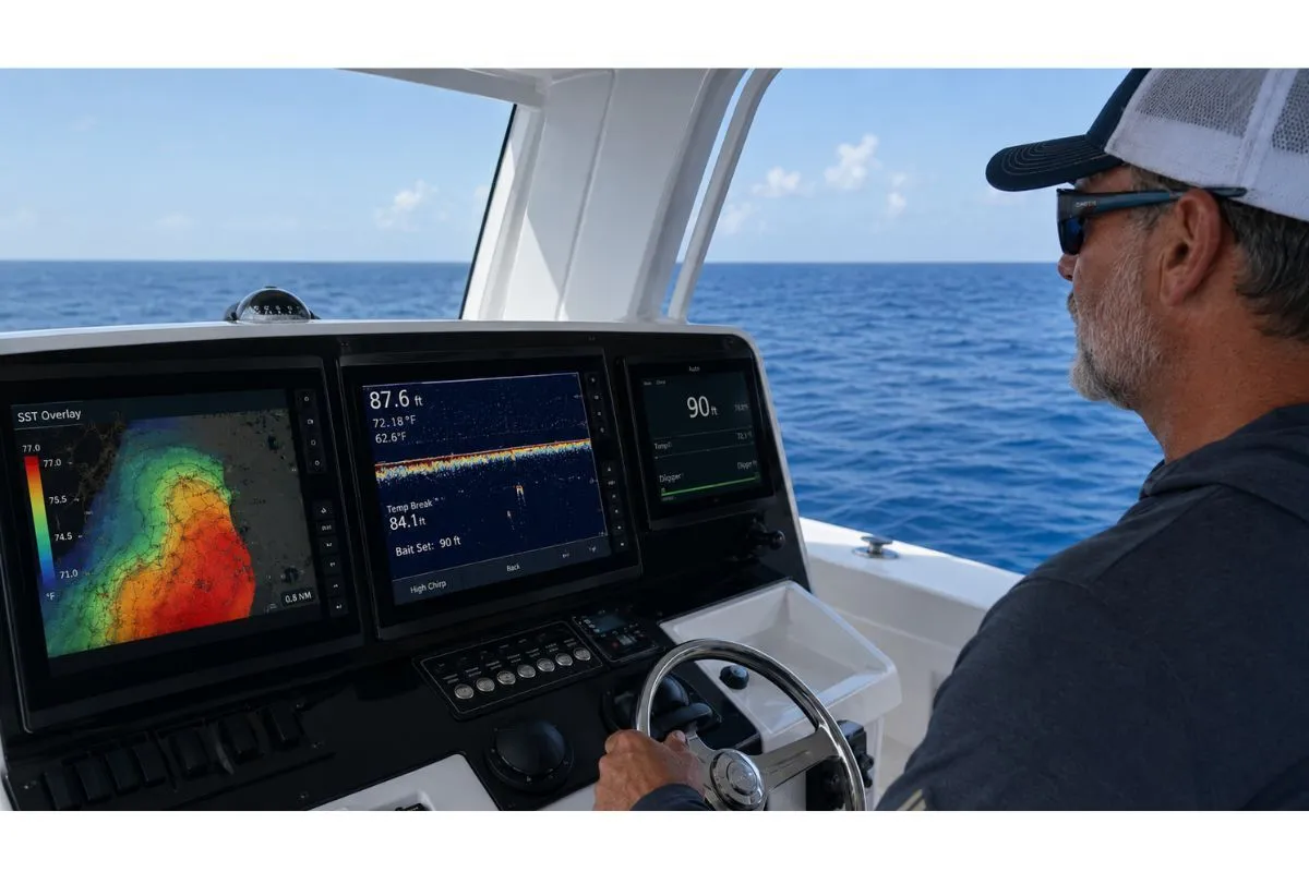 Offshore captain checking electronics and temperature data to set bait depth relative to the thermocline