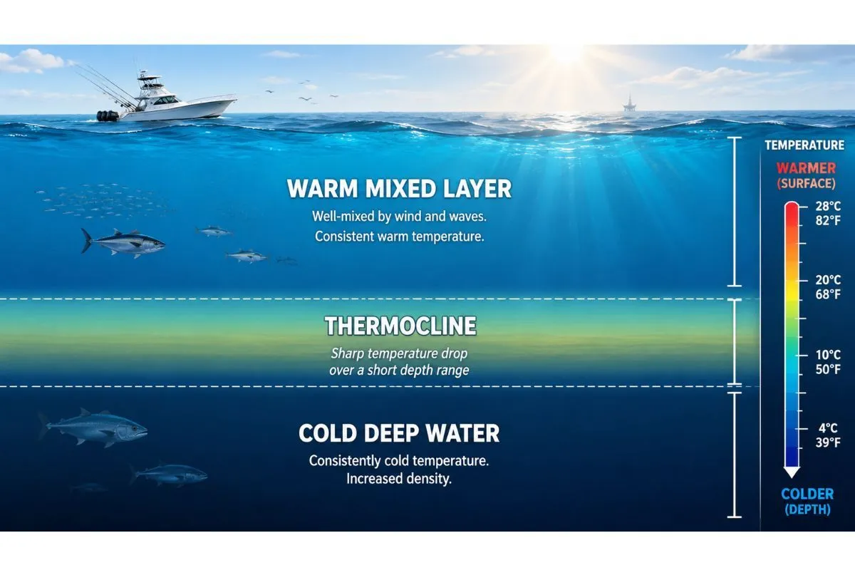 Diagram of the upper ocean labeling the mixed layer, thermocline, and cold deep water