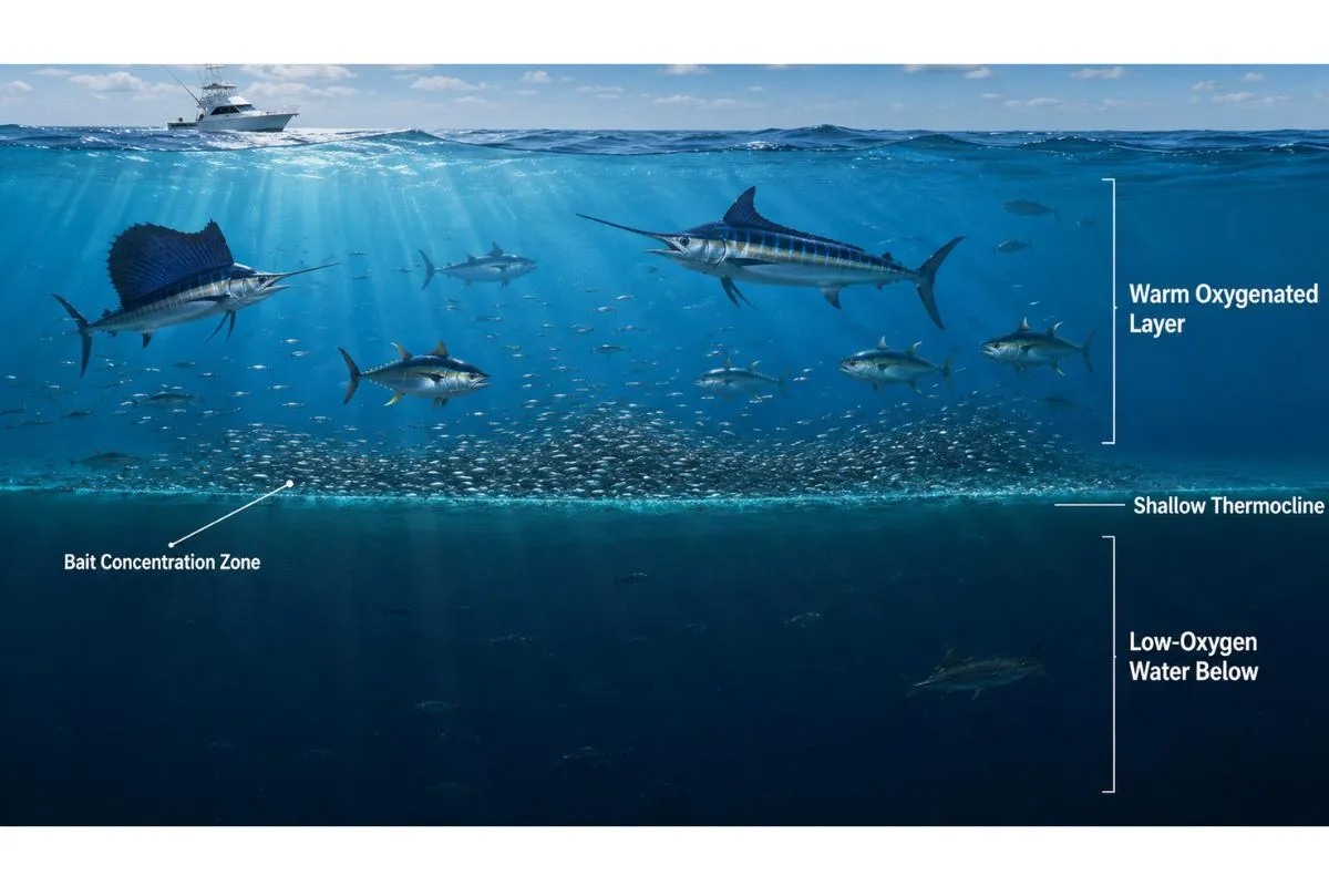 Billfish and tuna concentrated in the oxygenated layer above a shallow offshore thermocline with bait along the break