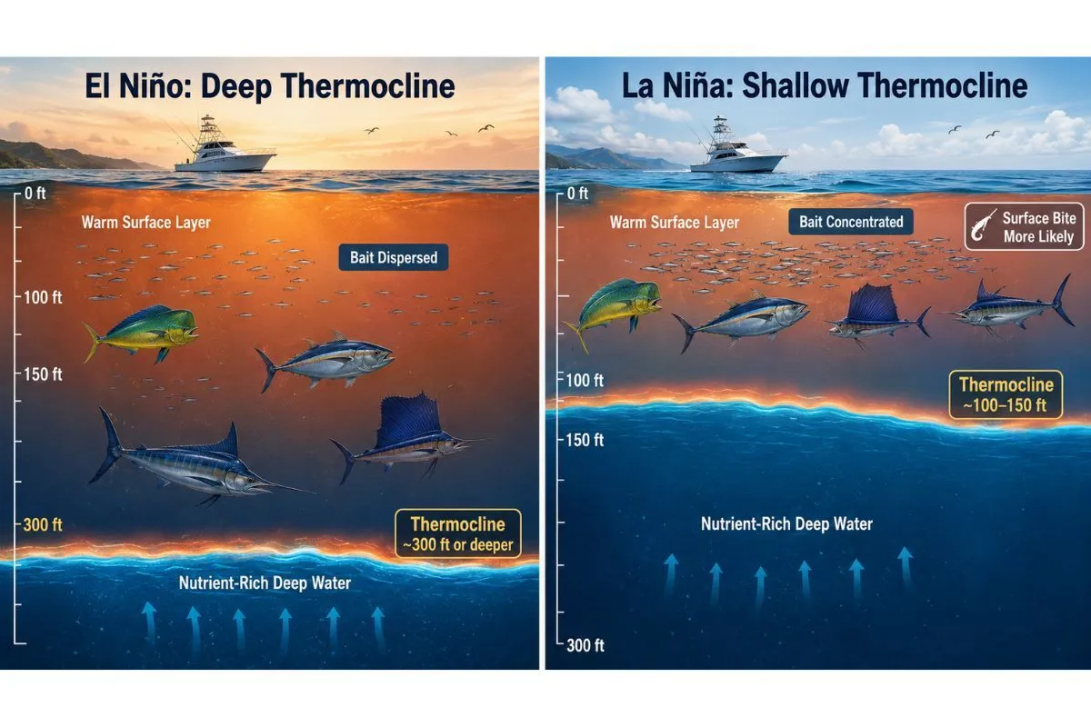 Ocean cross-section showing deep El Niño thermocline and shallow La Niña thermocline with bait and pelagic fish positioning.