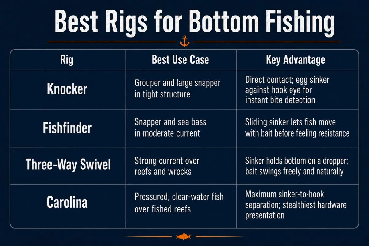 Bottom fishing rig table comparing knocker, fishfinder, three-way swivel, and Carolina rigs for best use reef and wreck fishing.