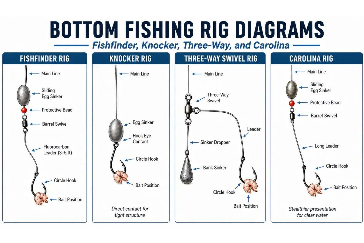 Bottom fishing rig diagrams showing fishfinder, knocker, three-way swivel, and Carolina rigs for reef and wreck fishing.