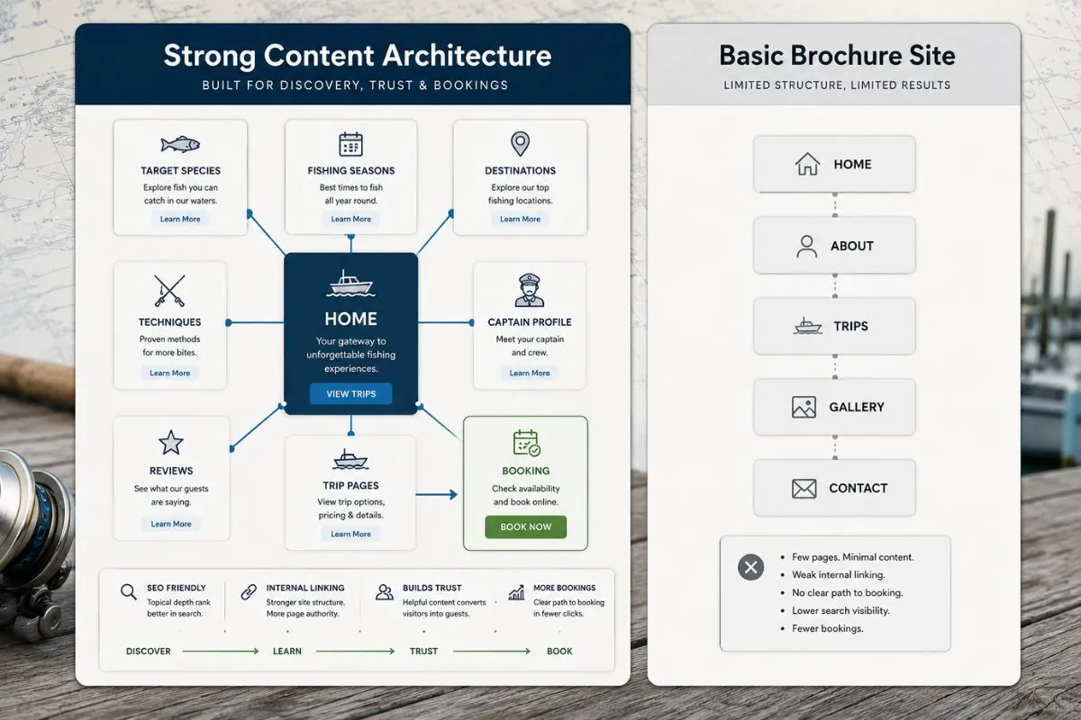 Comparison of a structured fishing charter website and a basic brochure site for bookings.