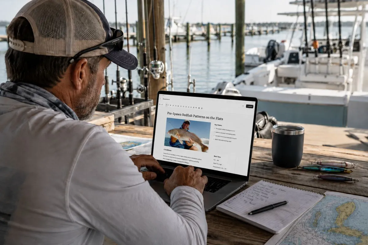 Charter captain writing fishing website content on a laptop at a marina dock.