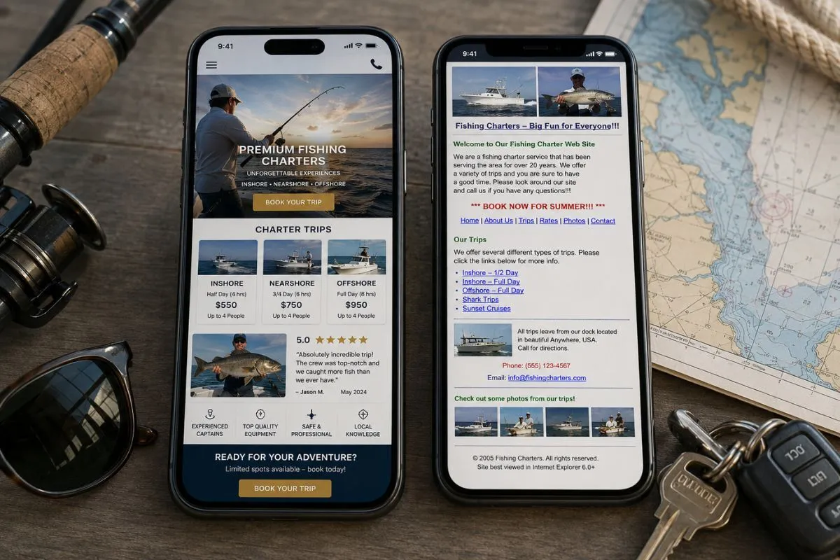 Side-by-side mobile comparison of a modern fishing charter website and an outdated site.
