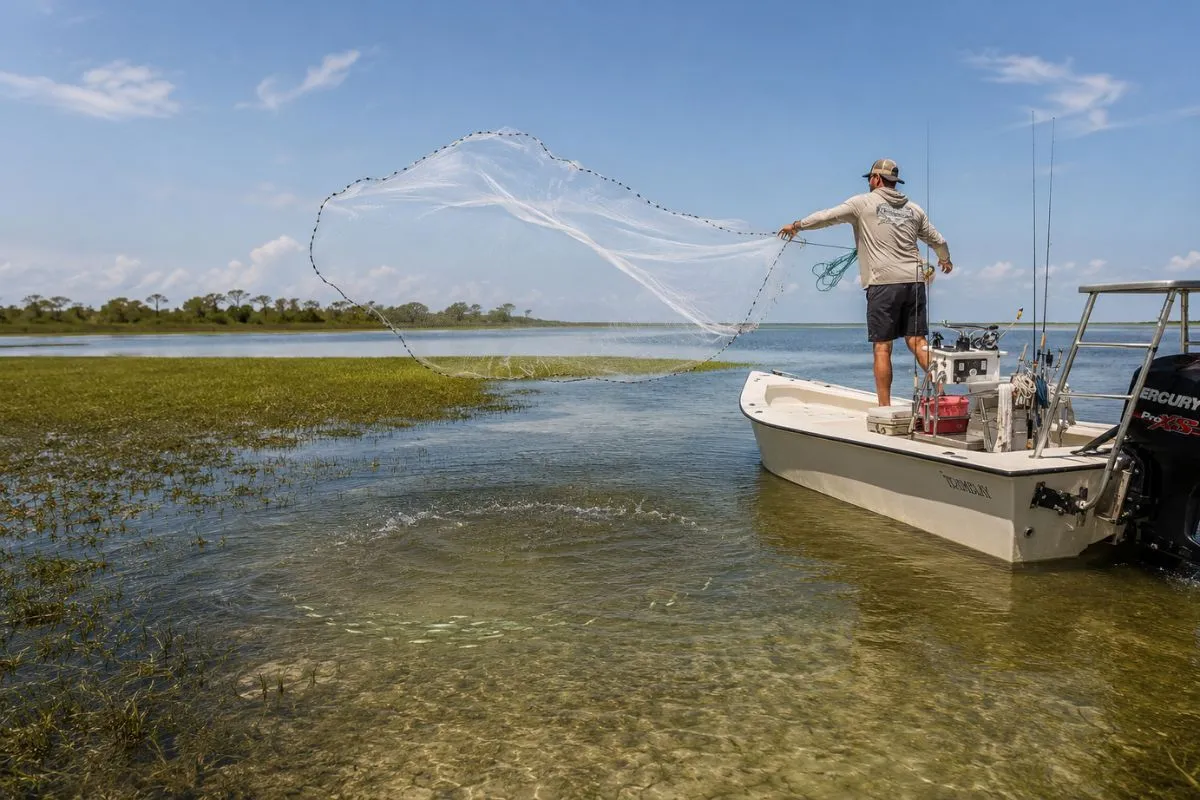 Angler throwing a cast net over pinfish on a shallow grass flat beside a sand pothole