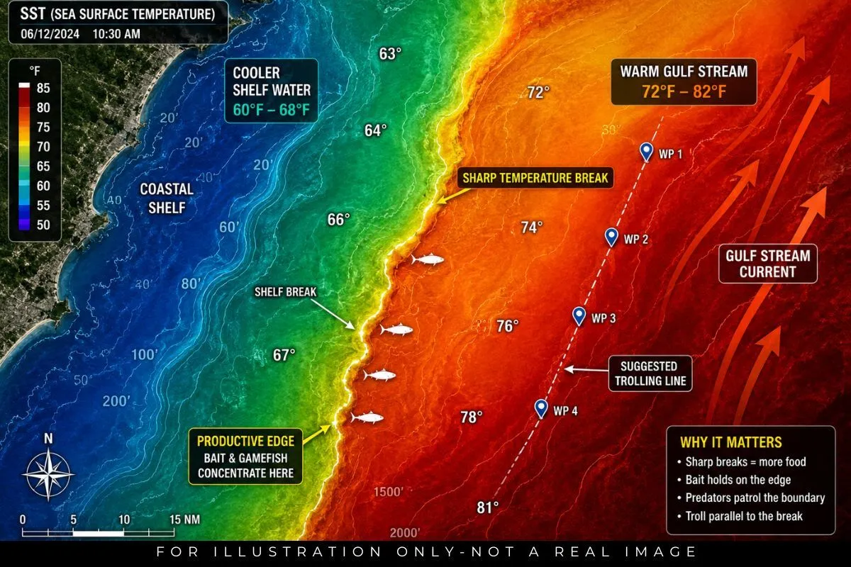 SST chart close-up showing sharp temperature break between Gulf Stream warm water and cooler coastal shelf water.