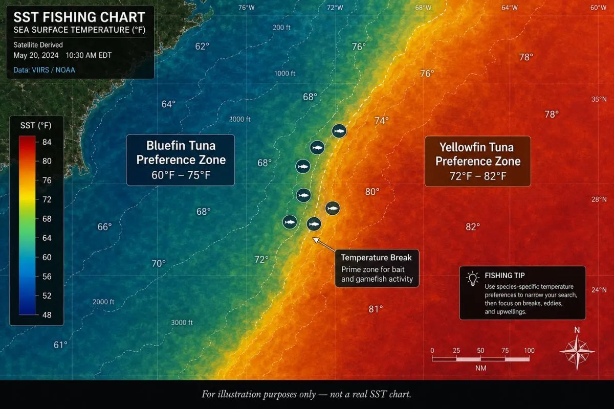 SST chart comparing bluefin tuna temperature range in cooler water against yellowfin tuna zone in warmer water.