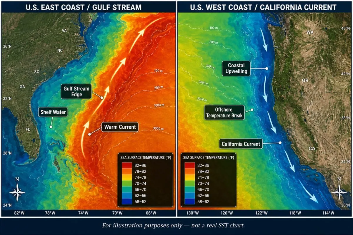 Regional SST charts: Gulf Stream temperature break on the East Coast vs. California Current upwelling on the West Coast.