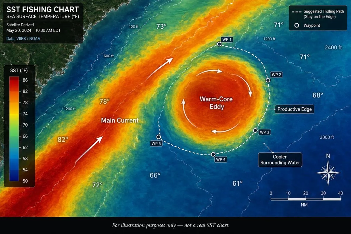 Warm-core eddy on SST chart: circular warm mass spinning clockwise against cooler water, temperature break visible at eddy edge.