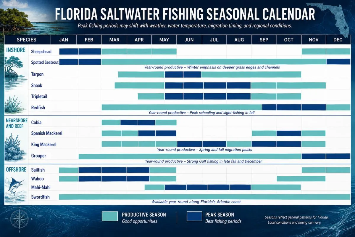 Florida saltwater fishing calendar showing peak months for inshore, nearshore, reef, and offshore species.