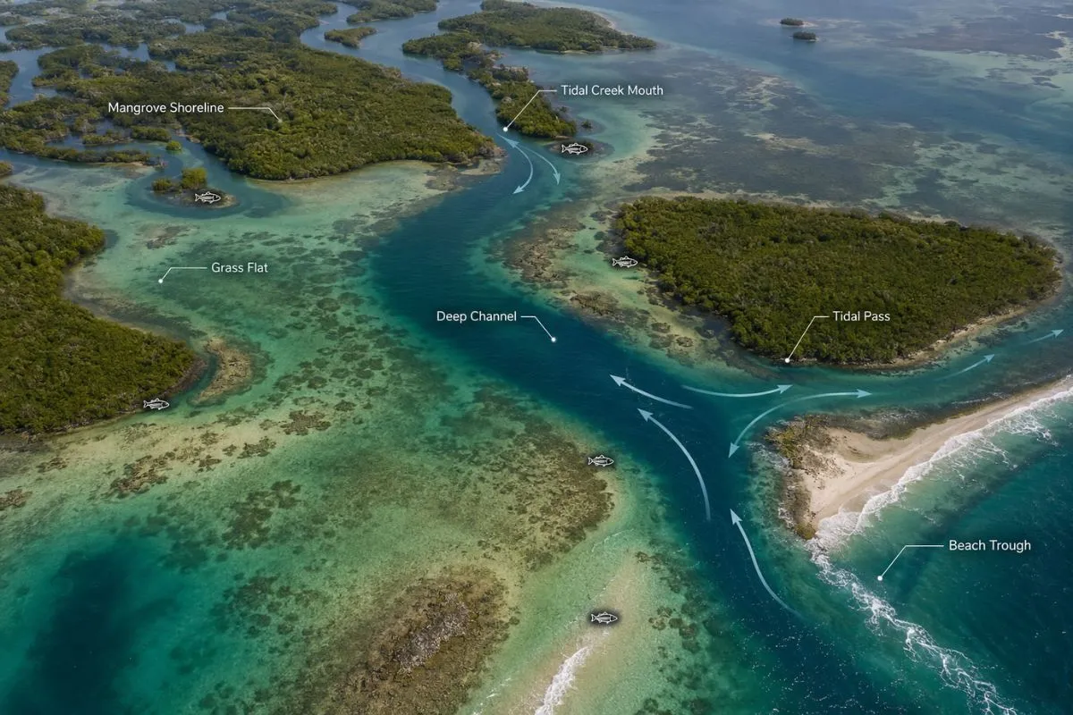 Aerial habitat map showing mangroves, grass flats, tidal passes, channels, and snook holding areas.
