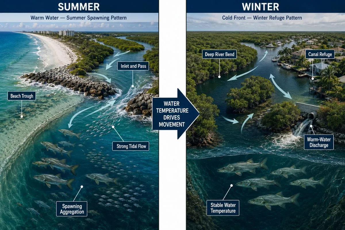 Diagram showing Florida snook moving from summer beaches and inlets to protected winter rivers and canals.