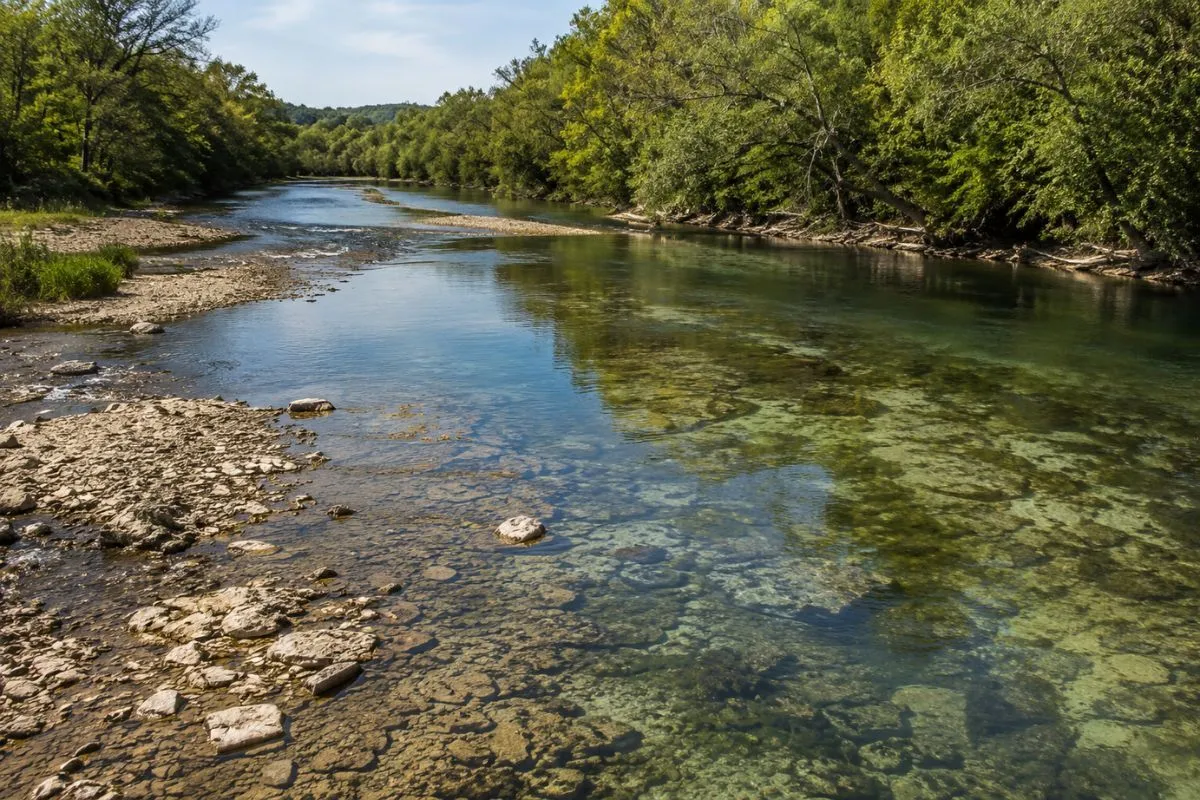 Clear spring-fed Collins River water over limestone rock and gravel habitat near McMinnville, Tennessee.