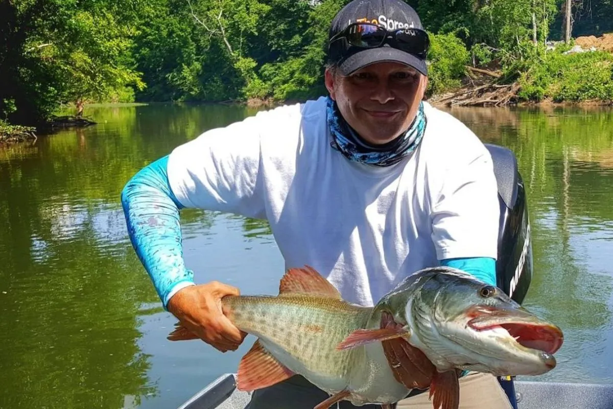 Seth Horne holding a Collins River muskie caught on a in-line spinner bait from Joe Murphy