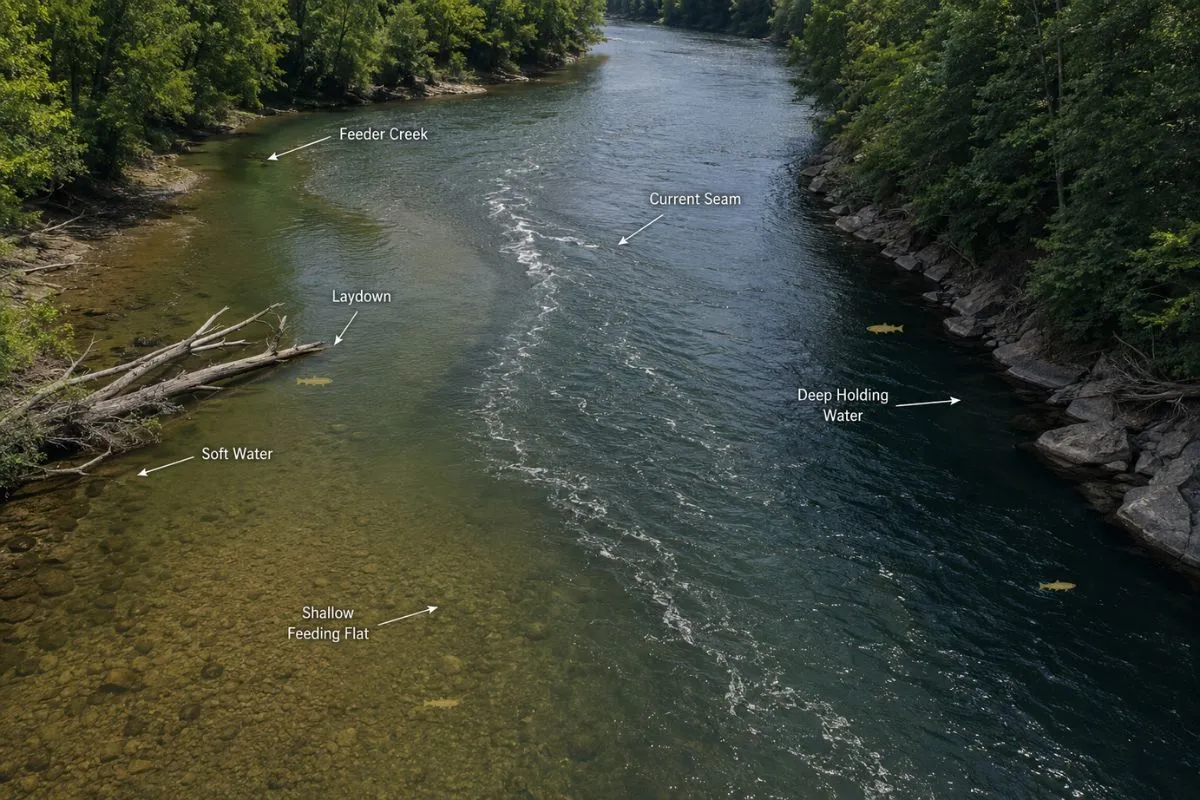 river confluence and current seam where muskie hold on the Collins River