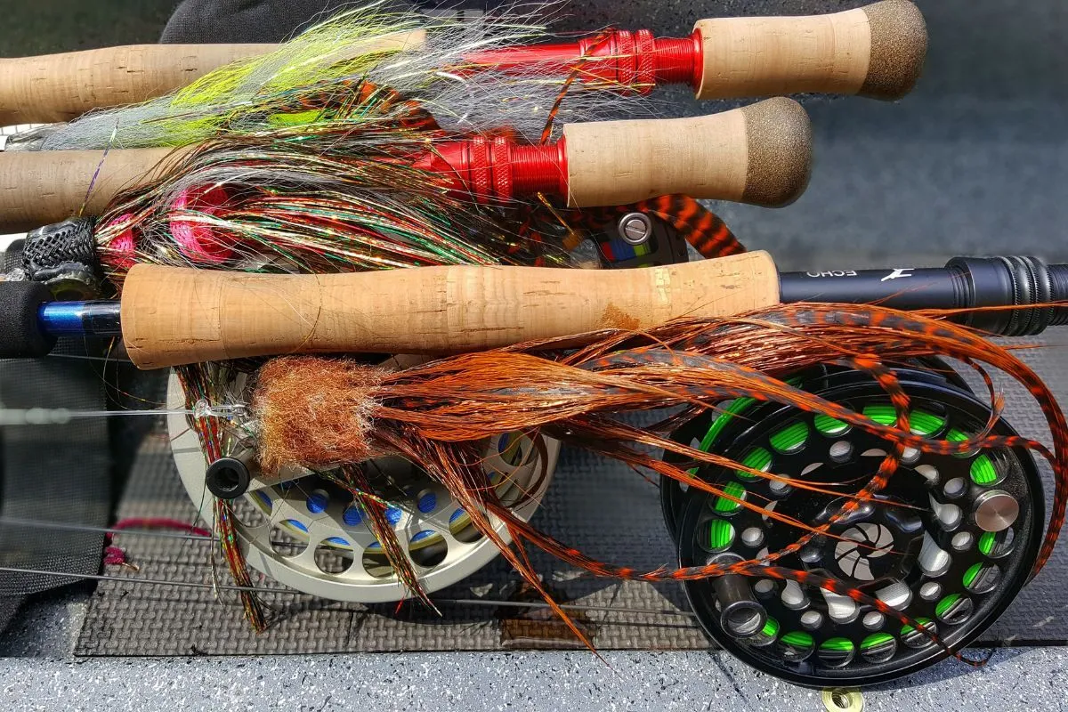 fly reels and large muskie flies tied with bucktail and schlappen by Chad Bryson