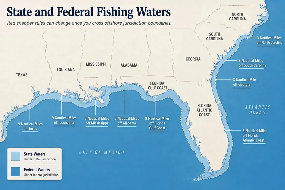 Map showing 3-mile and 9-mile state water boundaries for Gulf and Atlantic red snapper fishing.