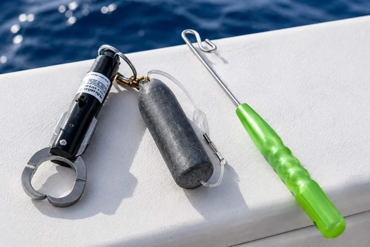 Descending device and dehooking tool on the gunnel ready for red snapper fishing in federal waters