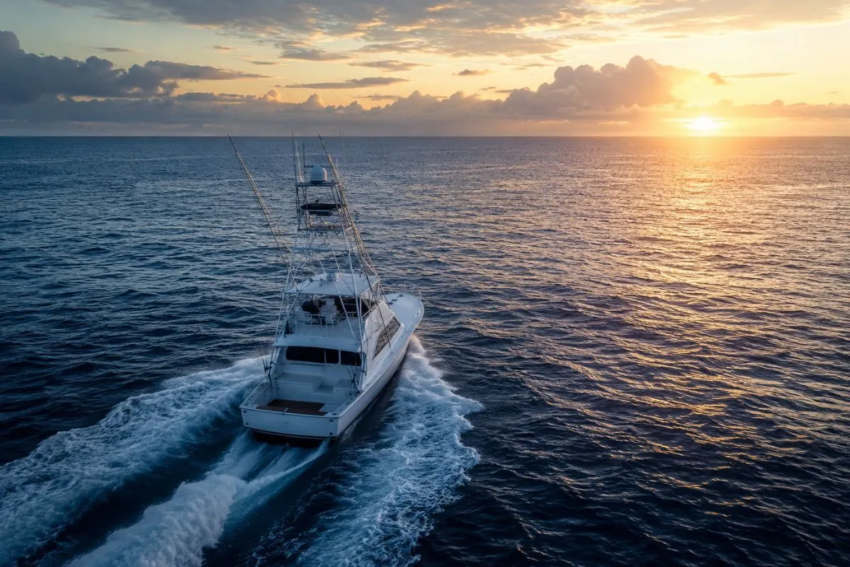 Sportfishing boat running offshore toward blue marlin grounds at first light