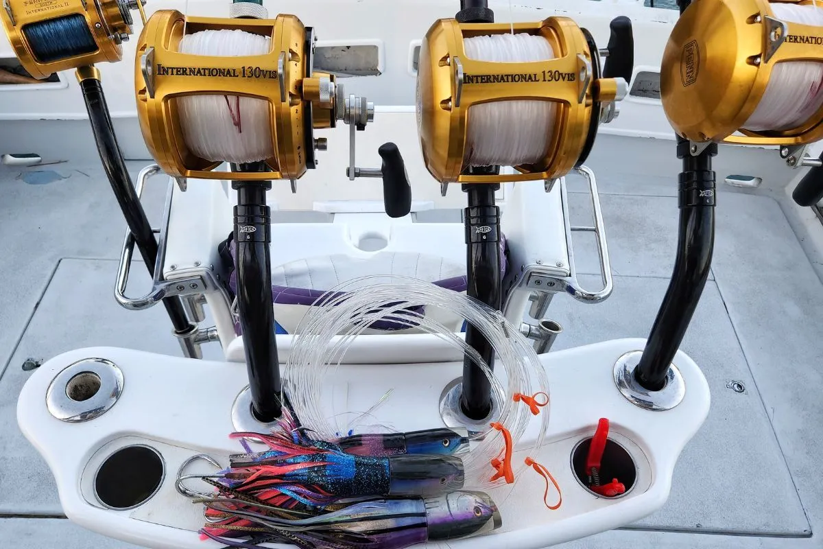130 lb heavy tackle lever-drag reels on bent-butt blue marlin trolling outfits
