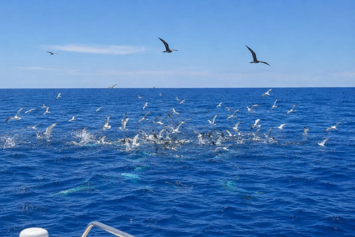 Frigatebirds and terns diving over a yellowfin tuna bait school in open offshore water