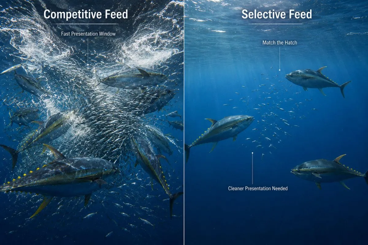Comparison of aggressive and cautious yellowfin tuna feeding behavior around baitfish