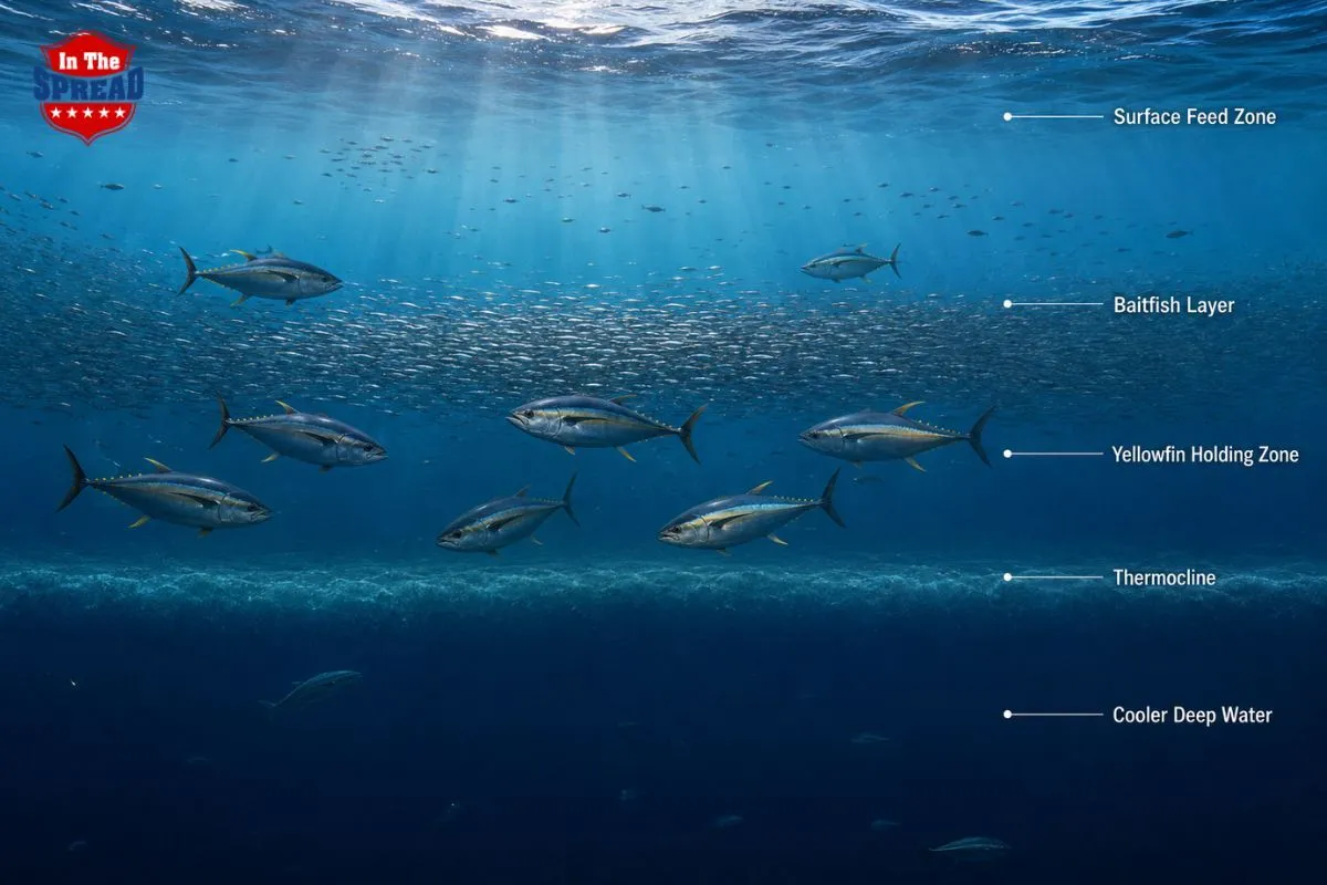 Diagram showing yellowfin tuna holding above the thermocline with bait stacked in the upper water column