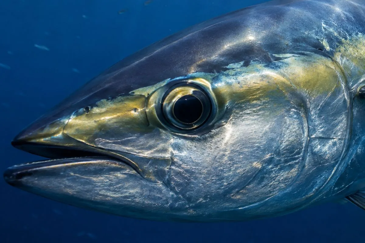 Close view of a yellowfin tuna showing its large eye and streamlined body