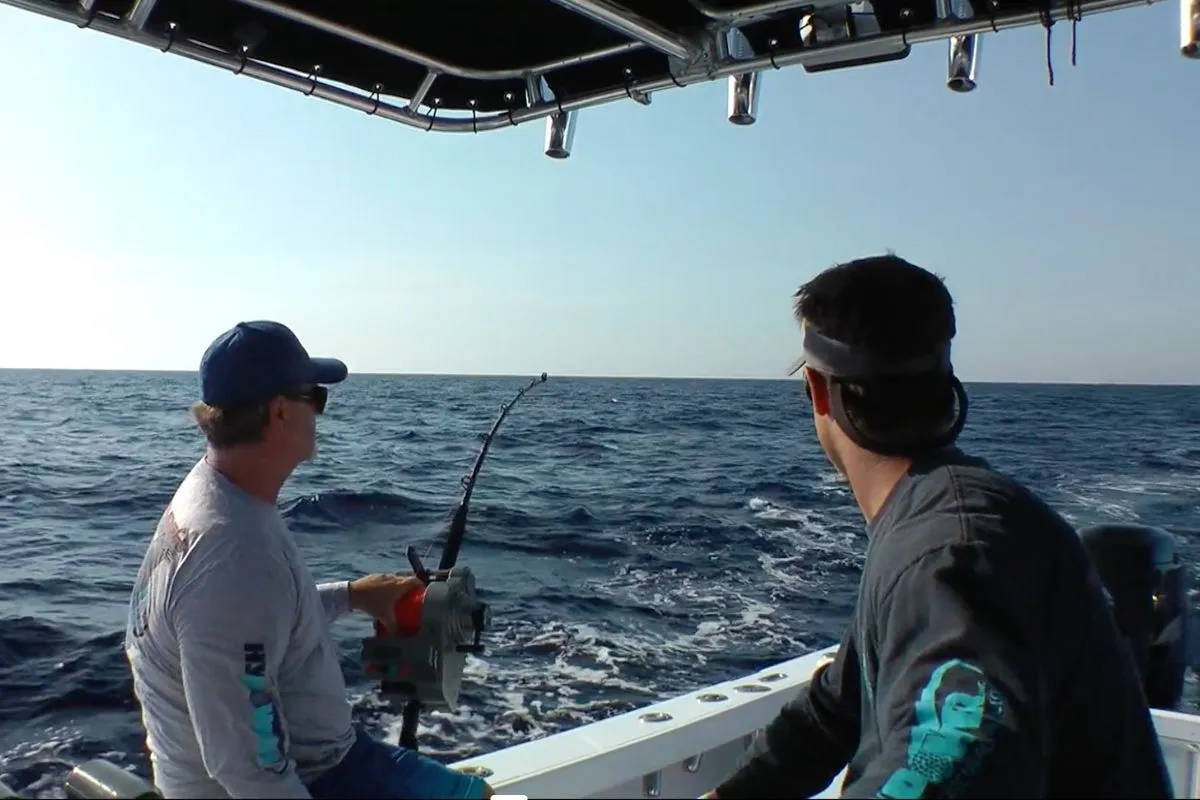fisherman and boat driver in communication as daytime swordfish bait is being dropped