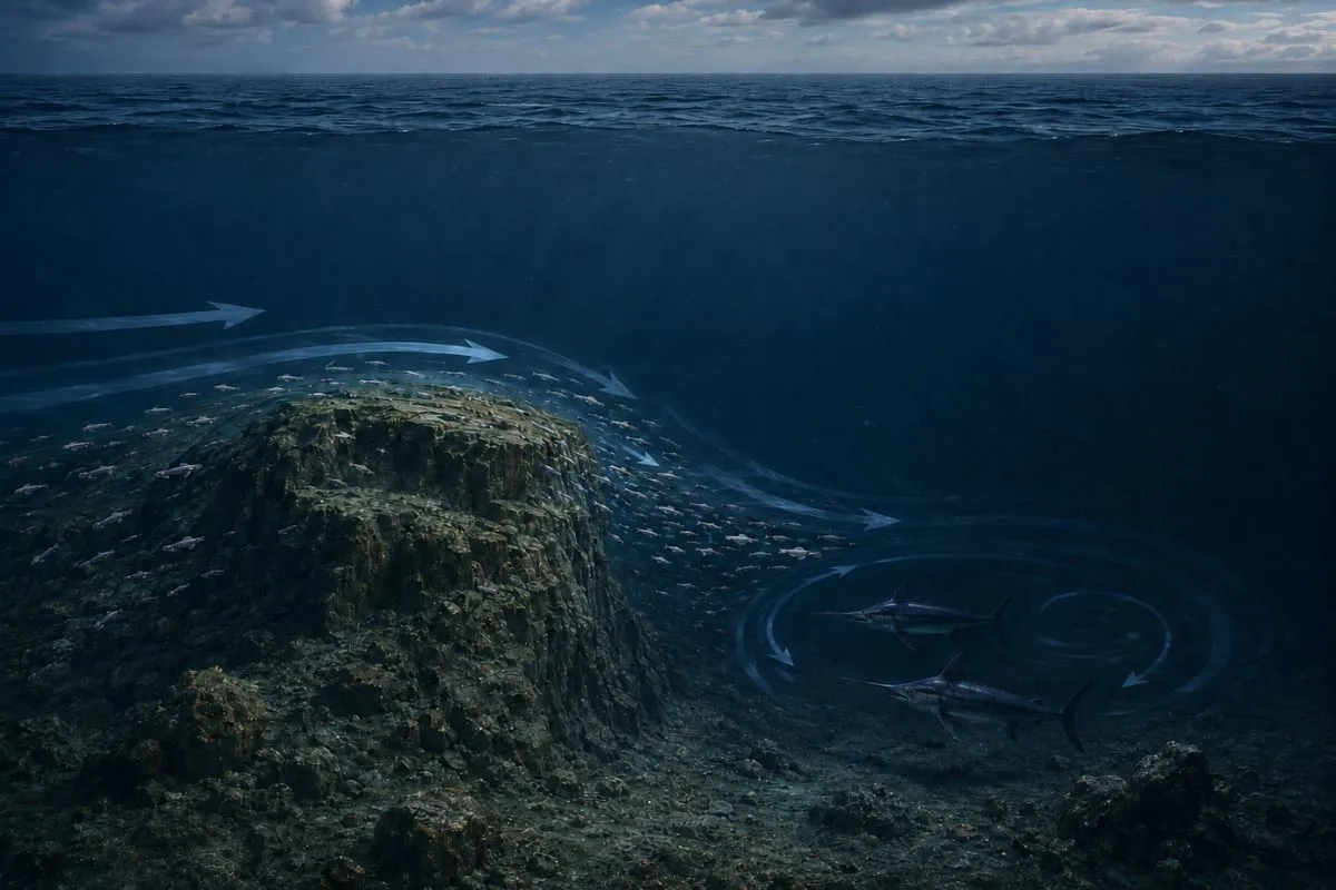 Swordfish holding behind a deep seamount as current carries baitfish over the ridge.