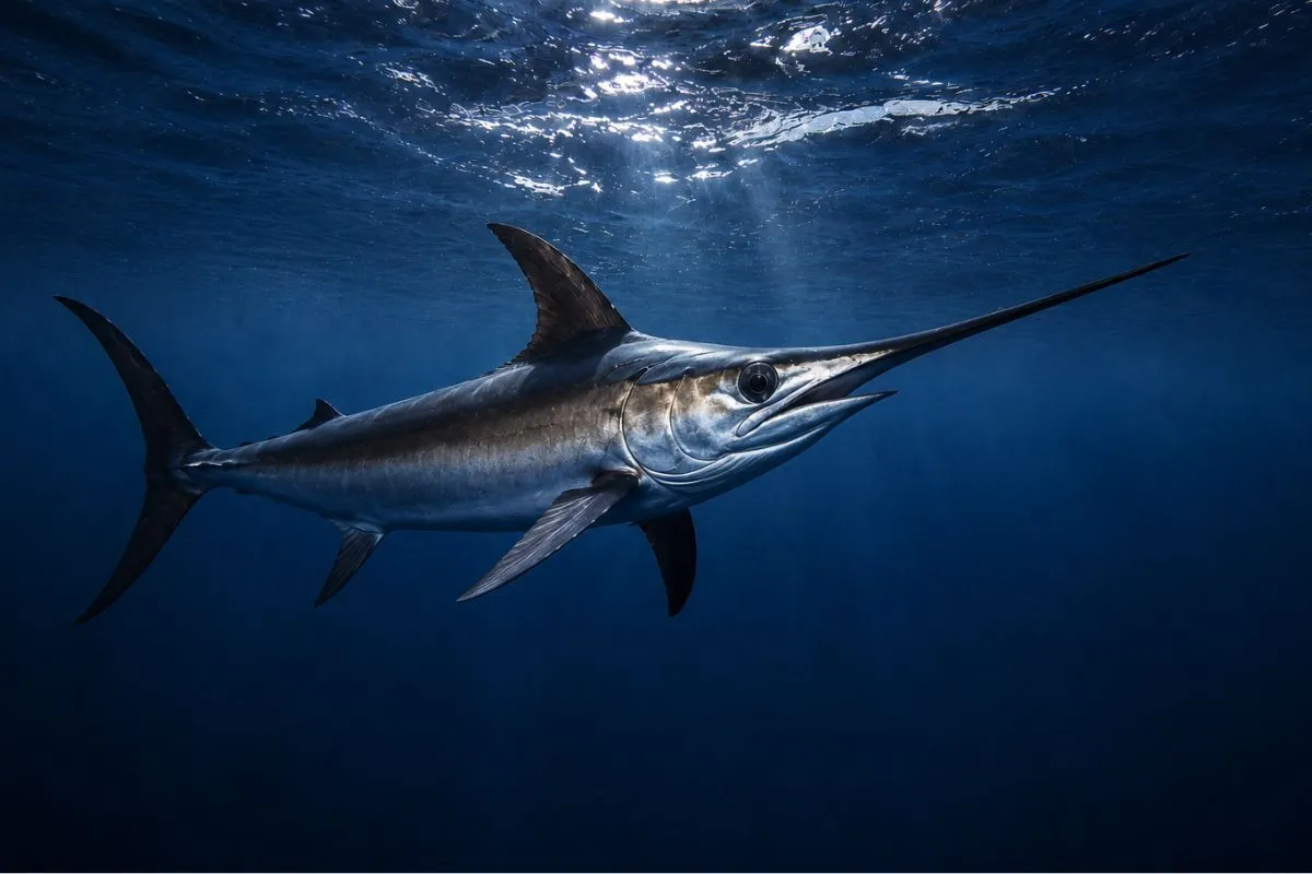 Swordfish cruising near the surface at night after rising through the water column to feed