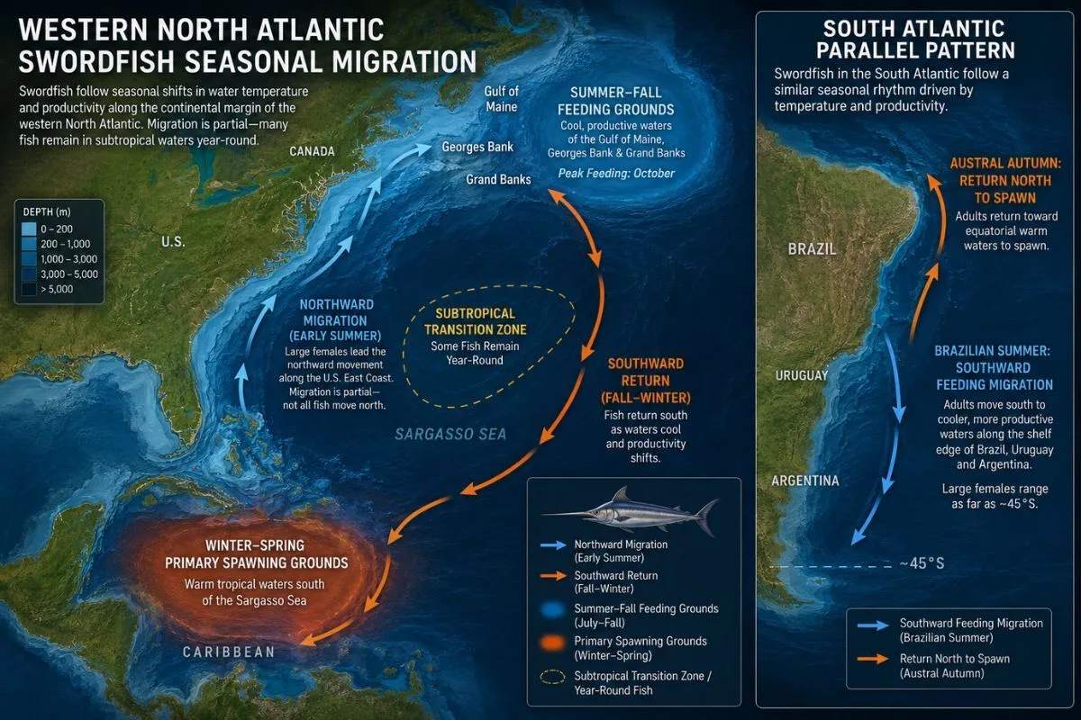 Bathymetric chart showing North Atlantic swordfish seasonal migration corridor along the eastern seaboard