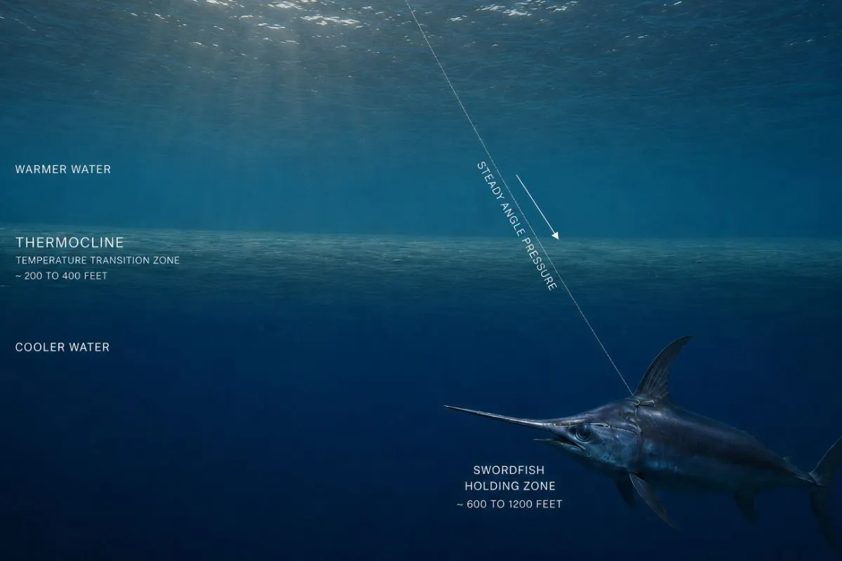 Giant swordfish holding in cool water below the thermocline as steady line pressure draws it upward.