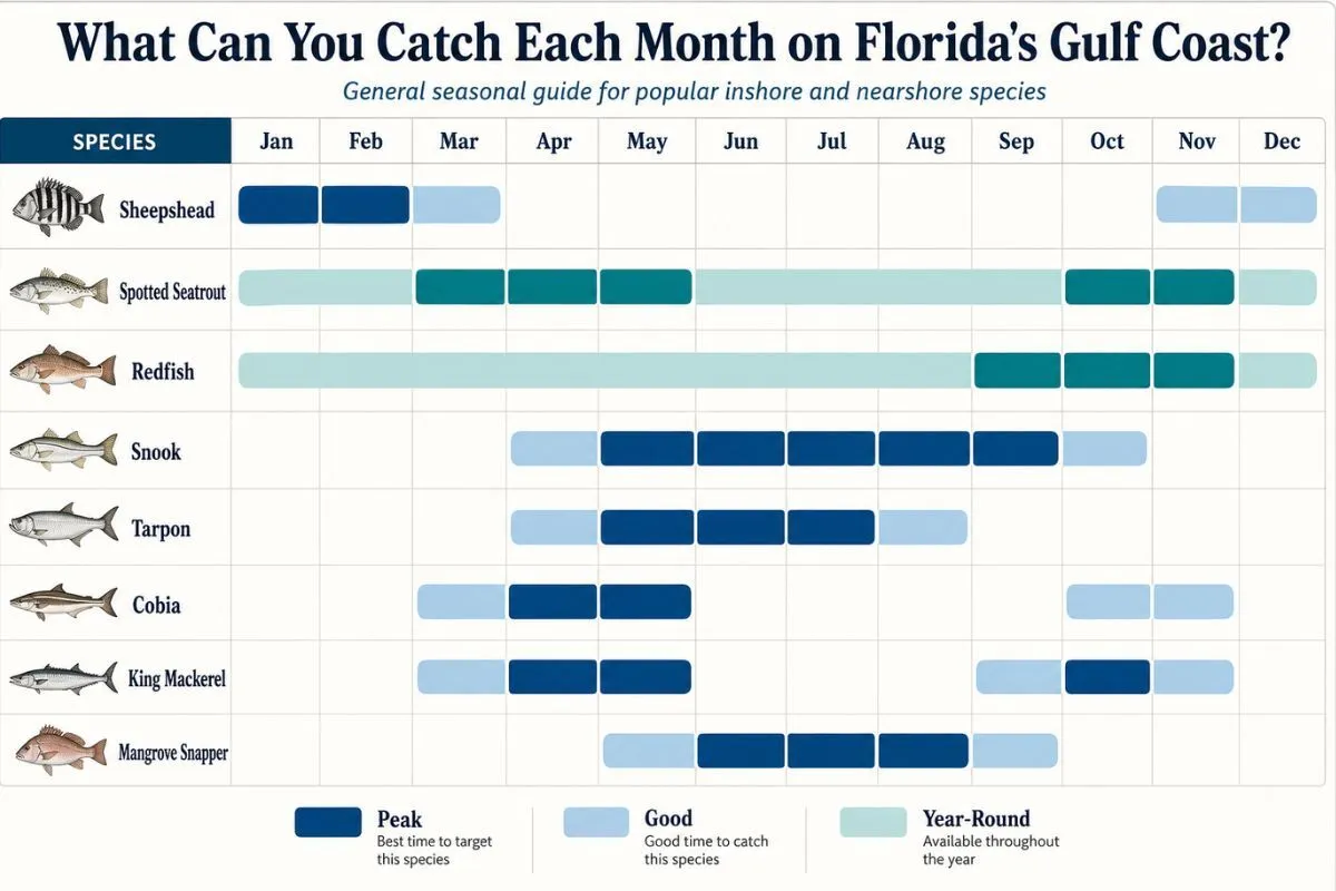 Monthly fishing calendar showing peak seasons for popular Florida Gulf Coast inshore and nearshore species.