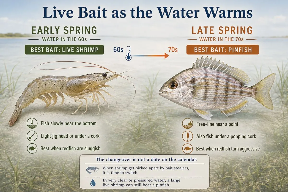 Live shrimp for cooler early-spring water and pinfish for warmer late-spring redfish fishing.
