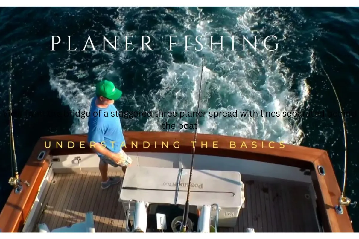 Two planer spread viewed from the bridge showing a short and long line staggered behind a boat