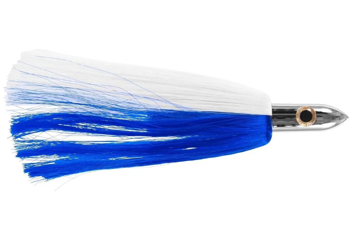 Blue and white Ilander skirted lure with chrome bullet head for yellowfin tuna and marlin trolling.