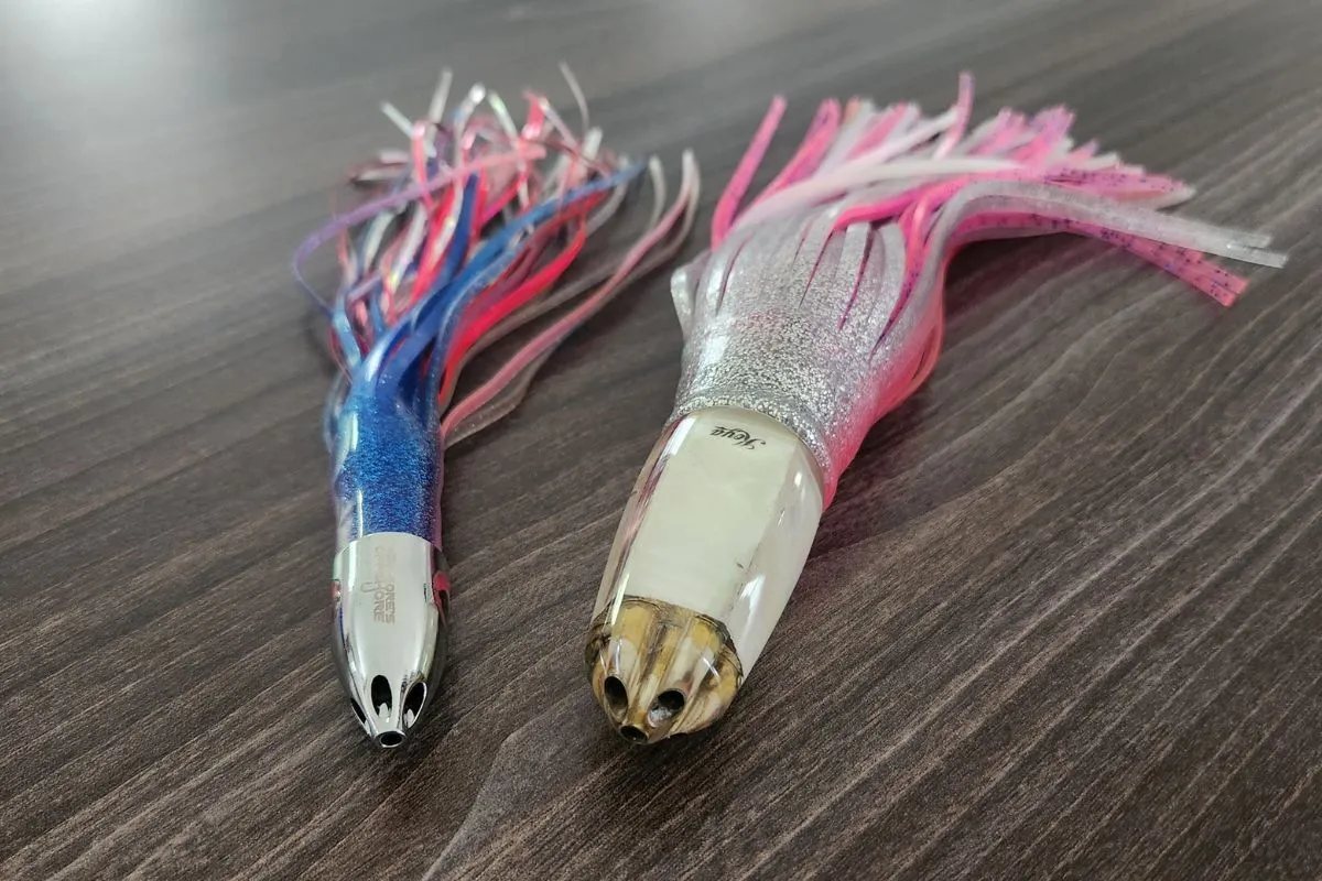 Gore's Offshore and Koya jet head skirted lures with squid skirts for trolling tuna offshore.