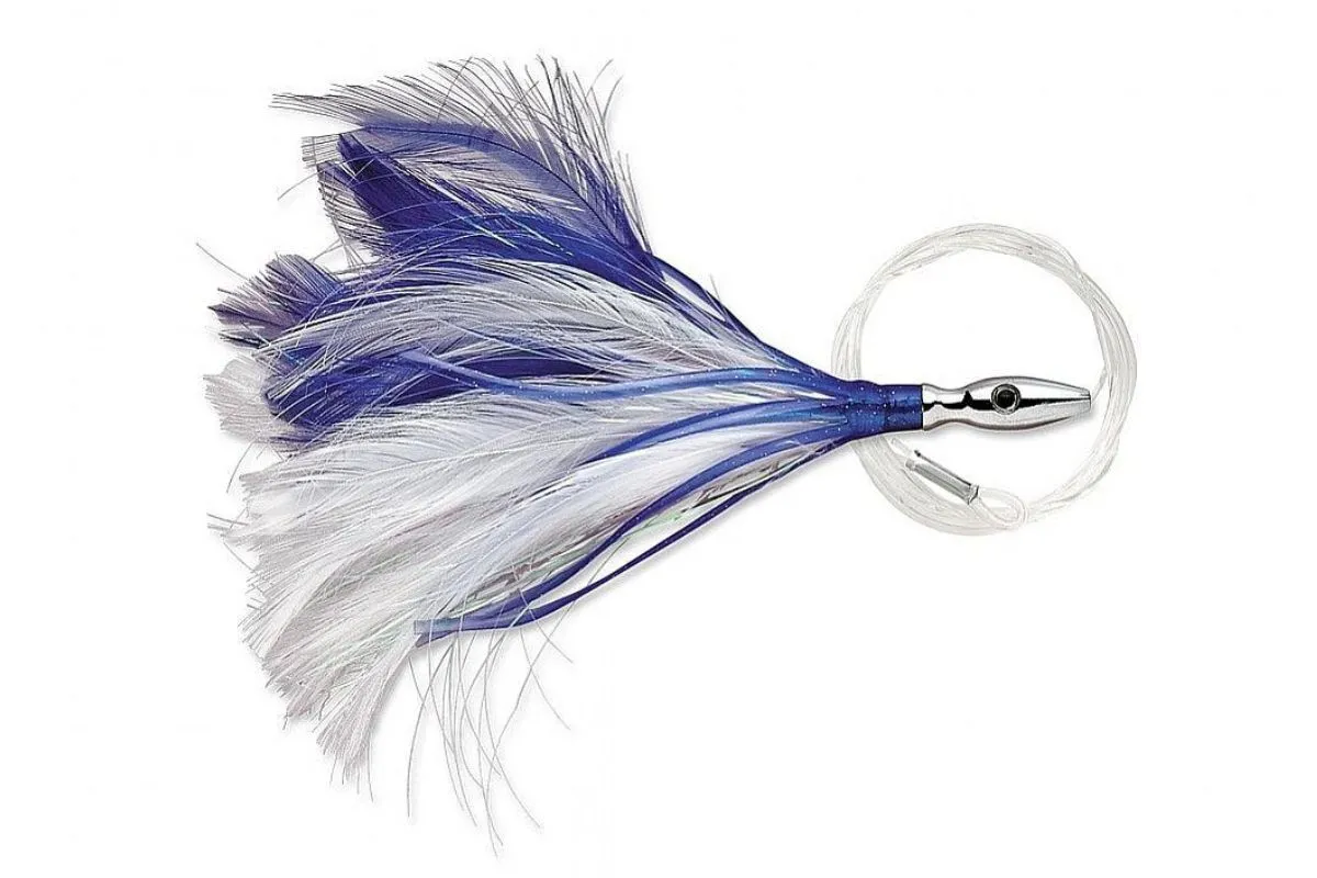 Blue and white Williamson Flash Feather trolling lure rigged on leader for tuna and mahi.
