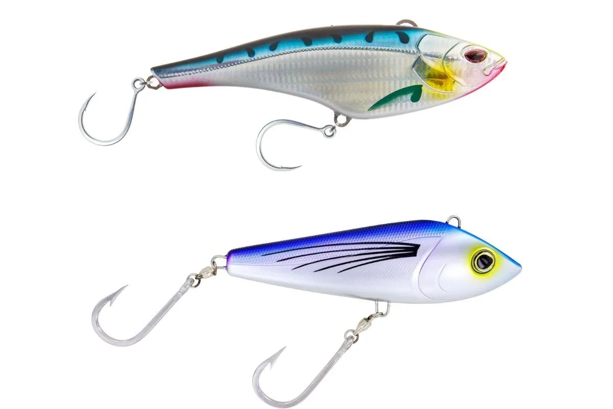 Nomad and Yo-Zuri high-speed trolling plugs in baitfish patterns for tuna and wahoo.
