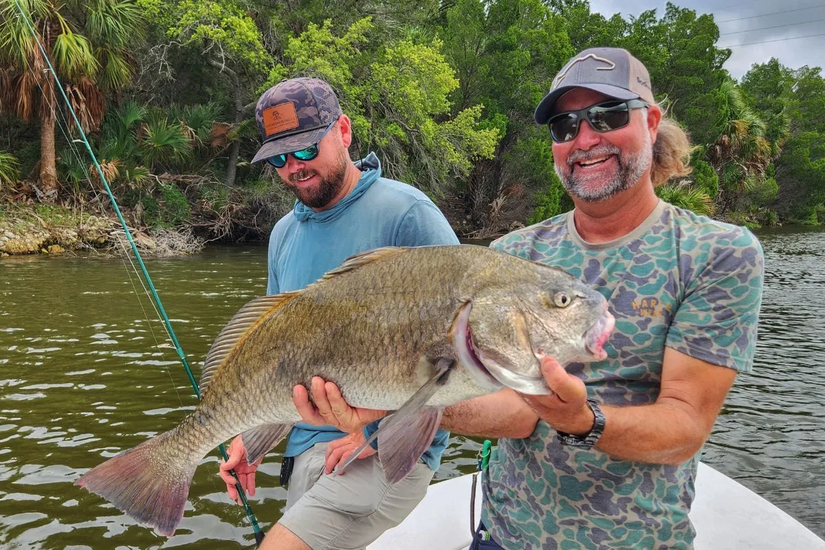 William Toney lifts a big black drum caught by Madison MacDonald on the Nature Coast, Madison grinning in the background