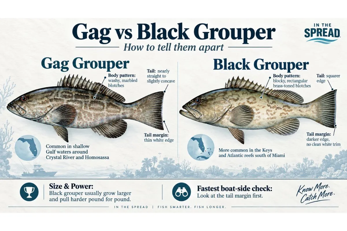 Gag versus black grouper comparison showing tail edge, body markings, and preopercle differences